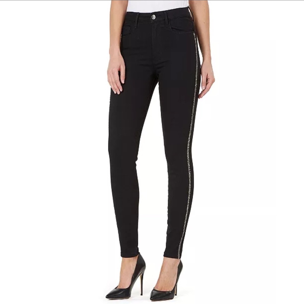 High-Rise Glitter-Side-Striped Skinny Ankle Jeans